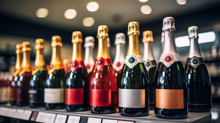 Bottles of champagne on a shelf in a wine store. Selective focus. - obrazy, fototapety, plakaty