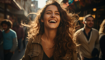 Fototapeta premium Young adults enjoying a carefree night out, smiling and laughing generated by AI