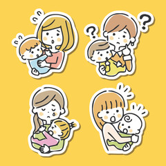 色々なお母さんと赤ちゃんのイラスト　ネガティブ　白フチ