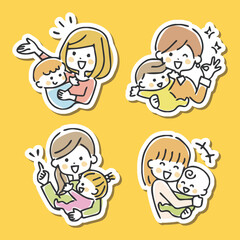 色々なお母さんと赤ちゃんのイラスト　ポジティブ　白フチ
