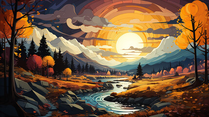 autumn landscape in sunset colors flat graphics multicolored