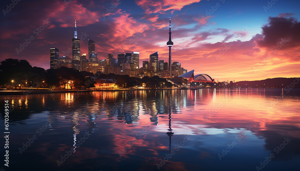 Poster city skyline reflects in tranquil water at dusk generated by ai