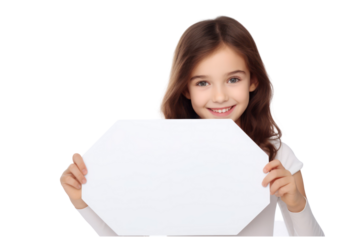 beautiful girl holding blank white billboard for mockup on an isolated transparent background