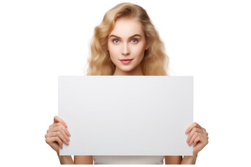 Fototapeta premium beautiful girl holding blank white billboard for mockup on an isolated transparent background