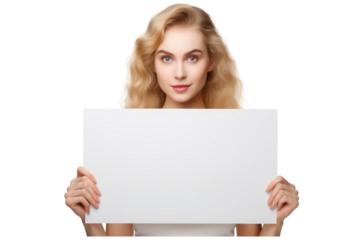 beautiful girl holding blank white billboard for mockup on an isolated transparent background