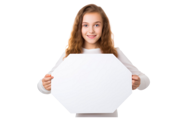 beautiful girl holding blank white billboard for mockup on an isolated transparent background