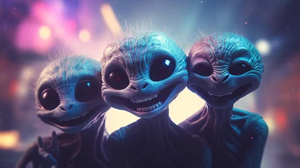 Fotobehang portrait of a group of three cheerful aliens on a fog background © kichigin19