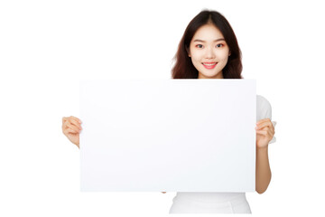 beautiful girl holding blank white billboard for mockup on an isolated transparent background