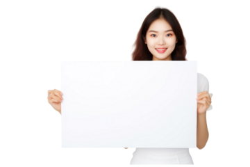 beautiful girl holding blank white billboard for mockup on an isolated transparent background