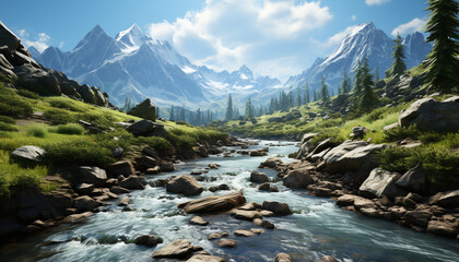 Majestic mountain peak, tranquil scene, flowing water, wilderness adventure generated by AI