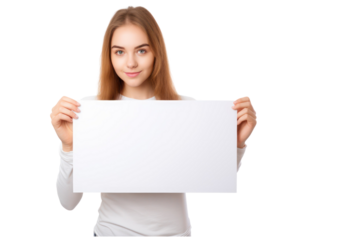 beautiful girl holding blank white billboard for mockup on an isolated transparent background