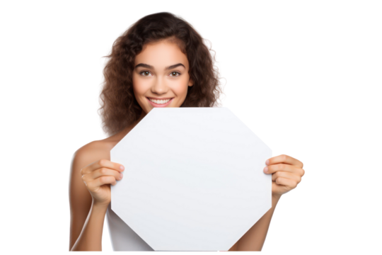 beautiful girl holding blank white billboard for mockup on an isolated transparent background - Powered by Adobe