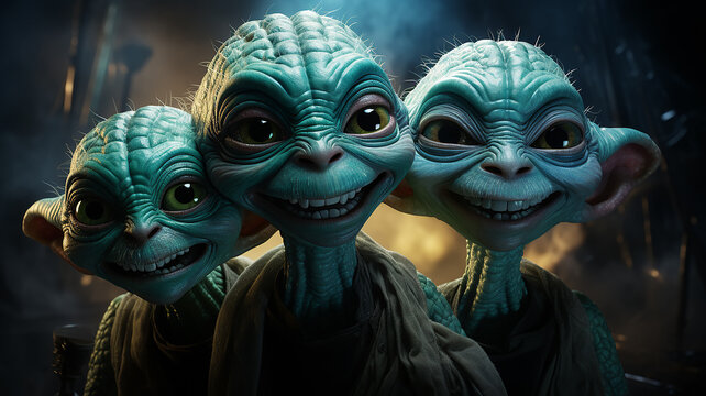 portrait of a group of three cheerful aliens on a fog background