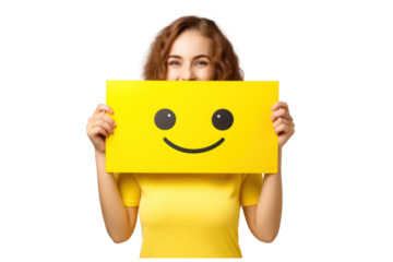 girl holding smile emoji paper poster on an isolated white background