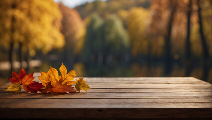 Naklejka na ściany i meble an empty wooden table behind a blurred autumn scene