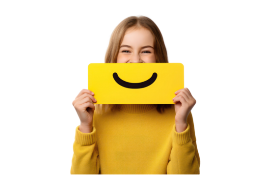 girl holding smile emoji paper poster on an isolated white background