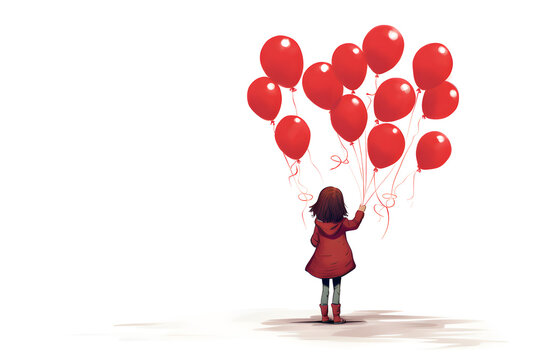 simple illustration of young girl with red balloons