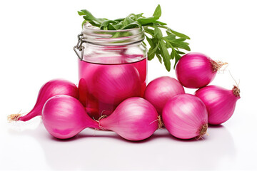 Red pickled onions on white background