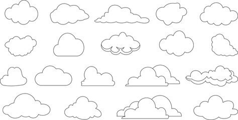 cloud shapes Vector illustration collection. 20 different black and white line art clouds, isolated on white background. Perfect for weather related designs, children’s book illustrations, - obrazy, fototapety, plakaty