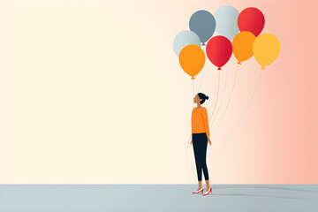 simple minimalist illustration of young girl with balloons