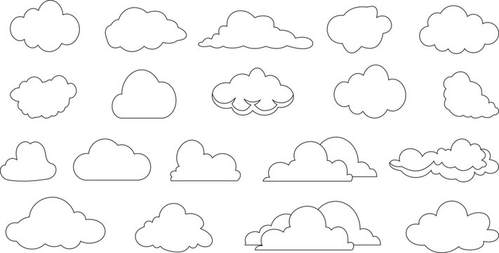 cloud shapes Vector illustration collection. 20 different black and white line art clouds, isolated on white background. Perfect for weather related designs, children’s book illustrations,
