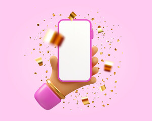 Vector 3d woman hand holding phone with gold confetti. Pink web banner or mockup. Realistic golden tinsel and smartphone illustration