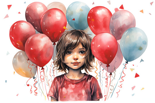 colourful watercolour ink illustration of young girl with balloons