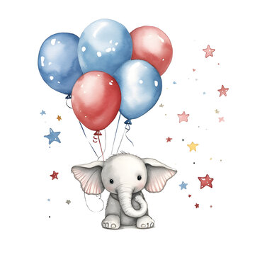 cute watercolour illustration of baby elephant with balloons