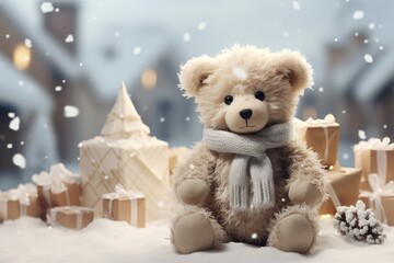 A Christmas-themed background image featuring a teddy bear in a snowy setting, offering room for customization, allowing you to create a festive atmosphere. Photorealistic illustration