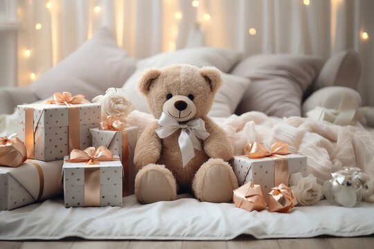 A Christmas-themed background image with a teddy bear around presents, offering ample space for customization to create a festive and personalized atmosphere. Photorealistic illustration