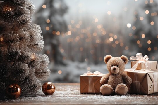 A Christmas-themed background image with a Christmas tree, teddy bear, and presents, offering space for personalization to create a festive atmosphere. Photorealistic illustration