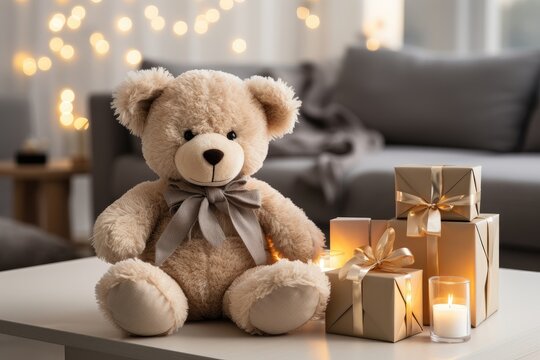 A Christmas-themed background image with a teddy bear with presents and candles on a table, providing room for customization to create a festive atmosphere. Photorealistic illustration