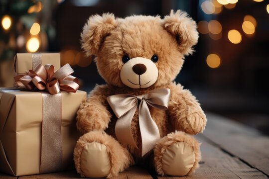 A close-up Christmas-themed background image featuring a teddy bear and presents, creating a cozy and festive atmosphere for your creative content. Photorealistic illustration