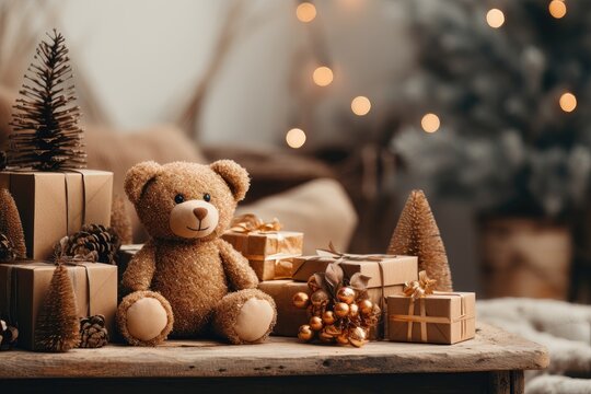 A Christmas-themed background image with a teddy bear, presents, and pinecones, offering room for customization to create a festive and personalized atmosphere. Photorealistic illustration