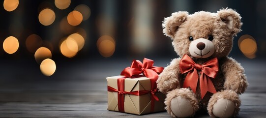 A Christmas-themed background image featuring a teddy bear adorned with a red ribbon alongside a present with a matching ribbon, offering space for customization. Photorealistic illustration