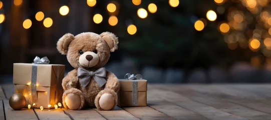 Fotobehang A wide-format Christmas-themed background image with a teddy bear seated beside presents in a snowy forest scene, allowing for customization to craft a festive ambiance. Photorealistic illustration © DIMENSIONS