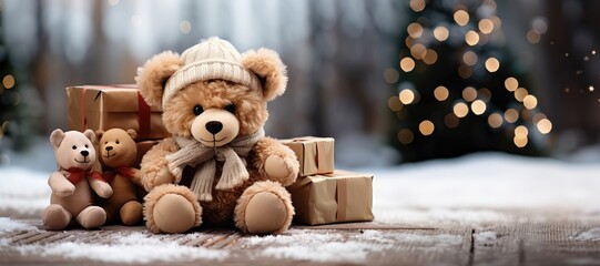 A wide-format Christmas-themed background image featuring a teddy bear sitting in front of presents against a snowy forest backdrop, with space for customization. Photorealistic illustration