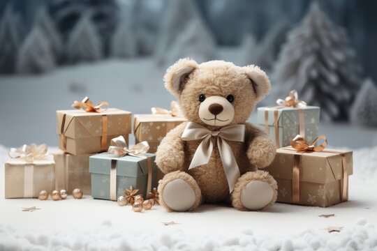 An image background for creative content during Christmas, featuring a teddy bear seated in front of exquisitely wrapped presents, with the option for customization. Photorealistic illustration