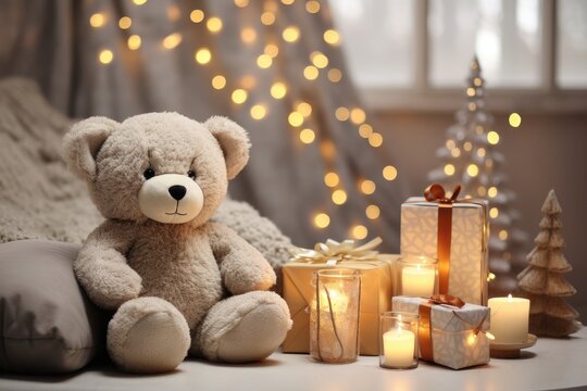 An image background for creative content during Christmas, showcasing a teddy bear seated alongside candles and presents, and providing room for customization. Photorealistic illustration
