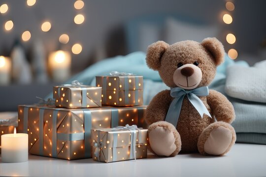 A Christmas-themed background image featuring a teddy bear adorned with a blue ribbon among presents, with the space for customization. Photorealistic illustration