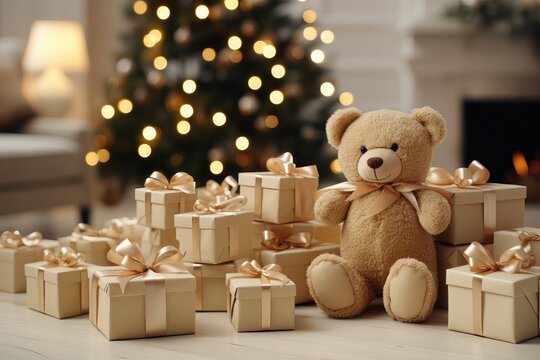 A background image for creative content during Christmas, showcasing a little teddy bear seated in front of a pile of presents, with room for customization. Photorealistic illustration