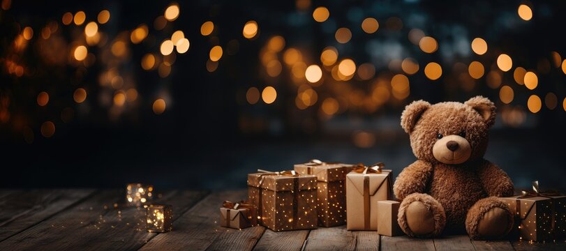 A wide-format Christmas-themed background image with presents and a teddy bear, providing room for customization to create a festive and personalized setting. Photorealistic illustration