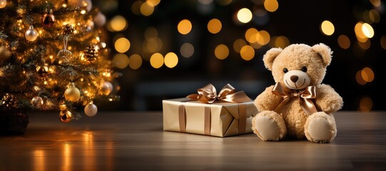 A wide-format Christmas background with a teddy bear adorned in a gold ribbon and a present with a matching ribbon, offering plenty of space for customization. Photorealistic illustration