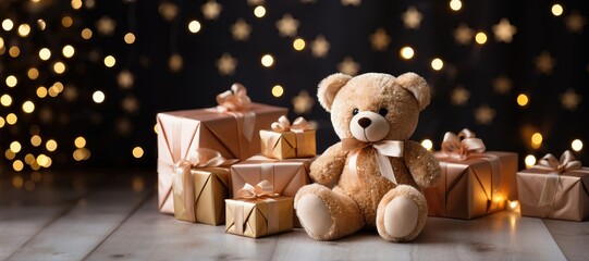 A wide format Christmas background image showcasing presents adorned with pink ribbons around a teddy bear wearing a matching ribbon, with space for customization. Photorealistic illustration