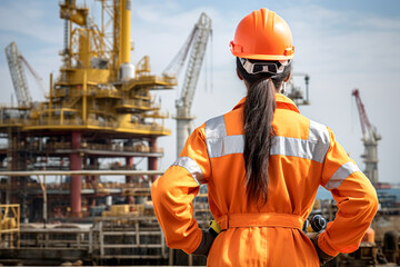 Rear view of a woman oil rig worker with a safety jacket and helmet looking at an offshore rig in background of blue sky. Management concept of industry and production. - obrazy, fototapety, plakaty