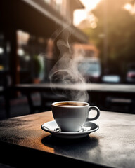 コーヒーショップで飲む温かいコーヒー - obrazy, fototapety, plakaty
