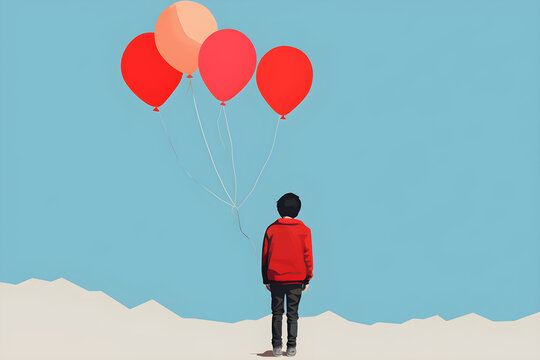 simple minimalist illustration of young boy with balloons