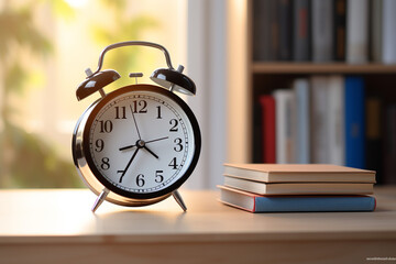 Naklejka premium Alarm clock placed near textbooks stacked