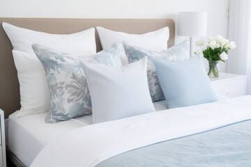clean, crisply made double bed with designer pillows