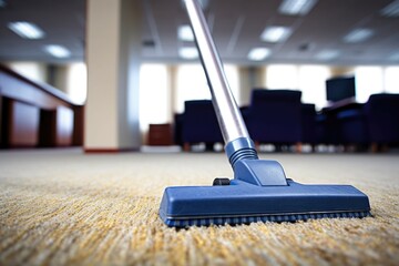 vacuum cleaner on a striped carpet in an office - obrazy, fototapety, plakaty
